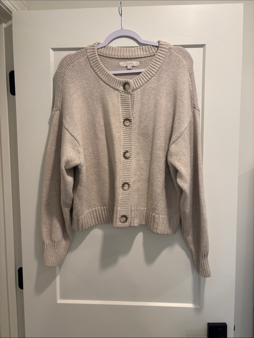 LOFT Light Cream Button-Front Knit Cardigan